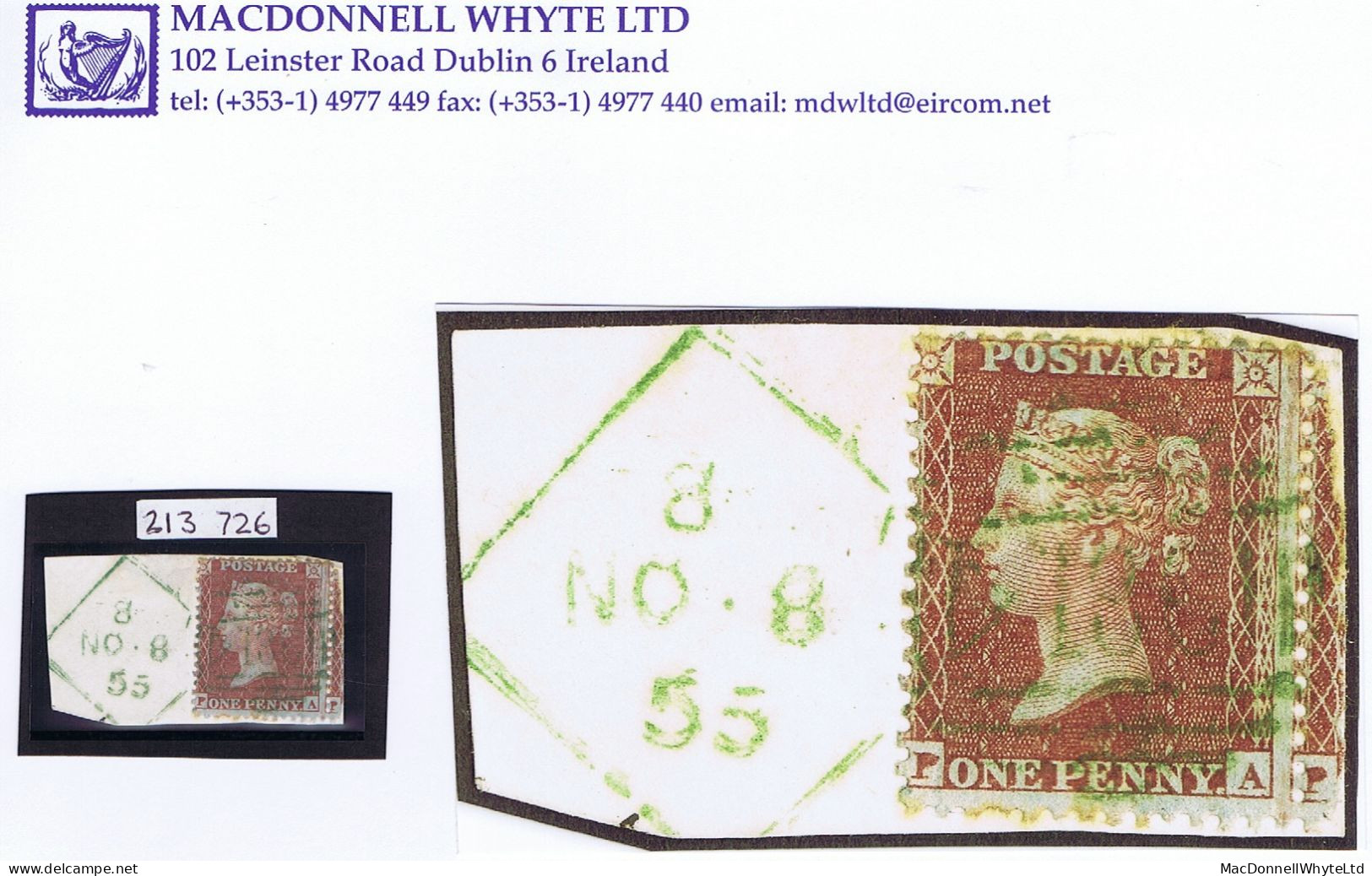 Ireland 1855 1d Red Plate 4 PA On Piece Tied Emerald-Green Dublin "Spoon" No 8 For NO 8 55, RPS Certificate - Interi Postali