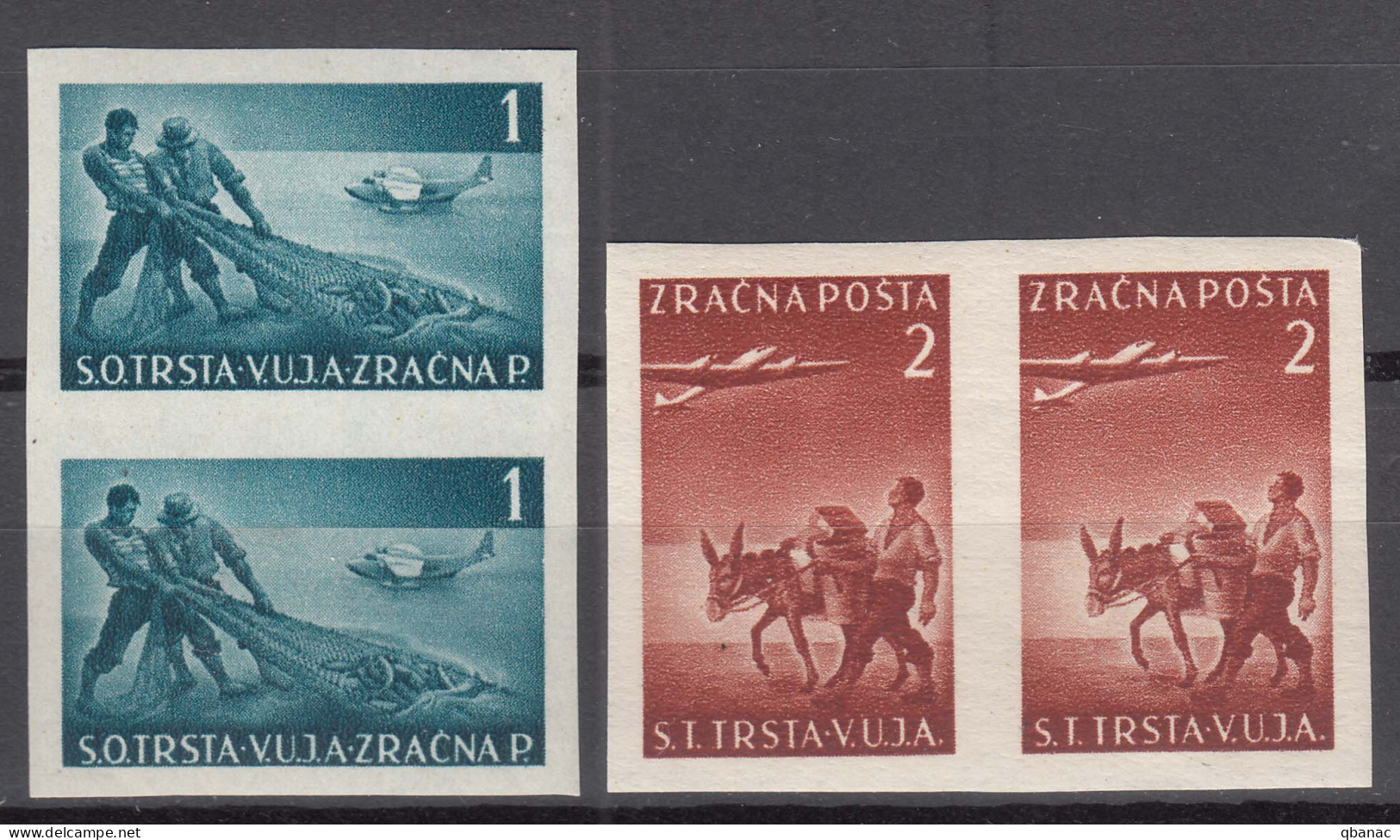 Italy Yugoslavia Trieste Zone B 1949 Airmail Mi#5-6 U Sassone#3-4 A Imperforated Mint Never Hinged Pairs - Nuevos