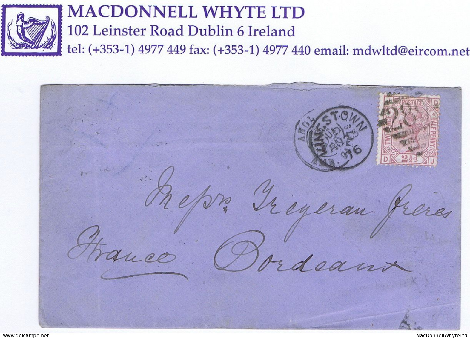 Ireland 1876 Cover To Bordeaux With 2½d Rosy Mauve Plate 4 DJ Tied KINGSTOWN/289 Duplex For AU 25 76 - Postal Stationery