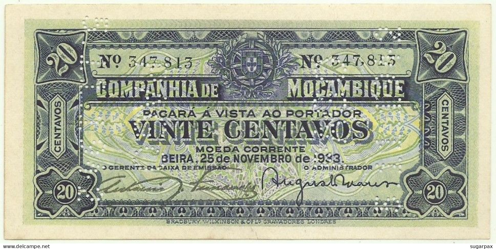 MOZAMBIQUE - 20 Centavos - 25.11.1933 - Pick: R 29 - Companhia De Moçambique - PORTUGAL - Mozambico