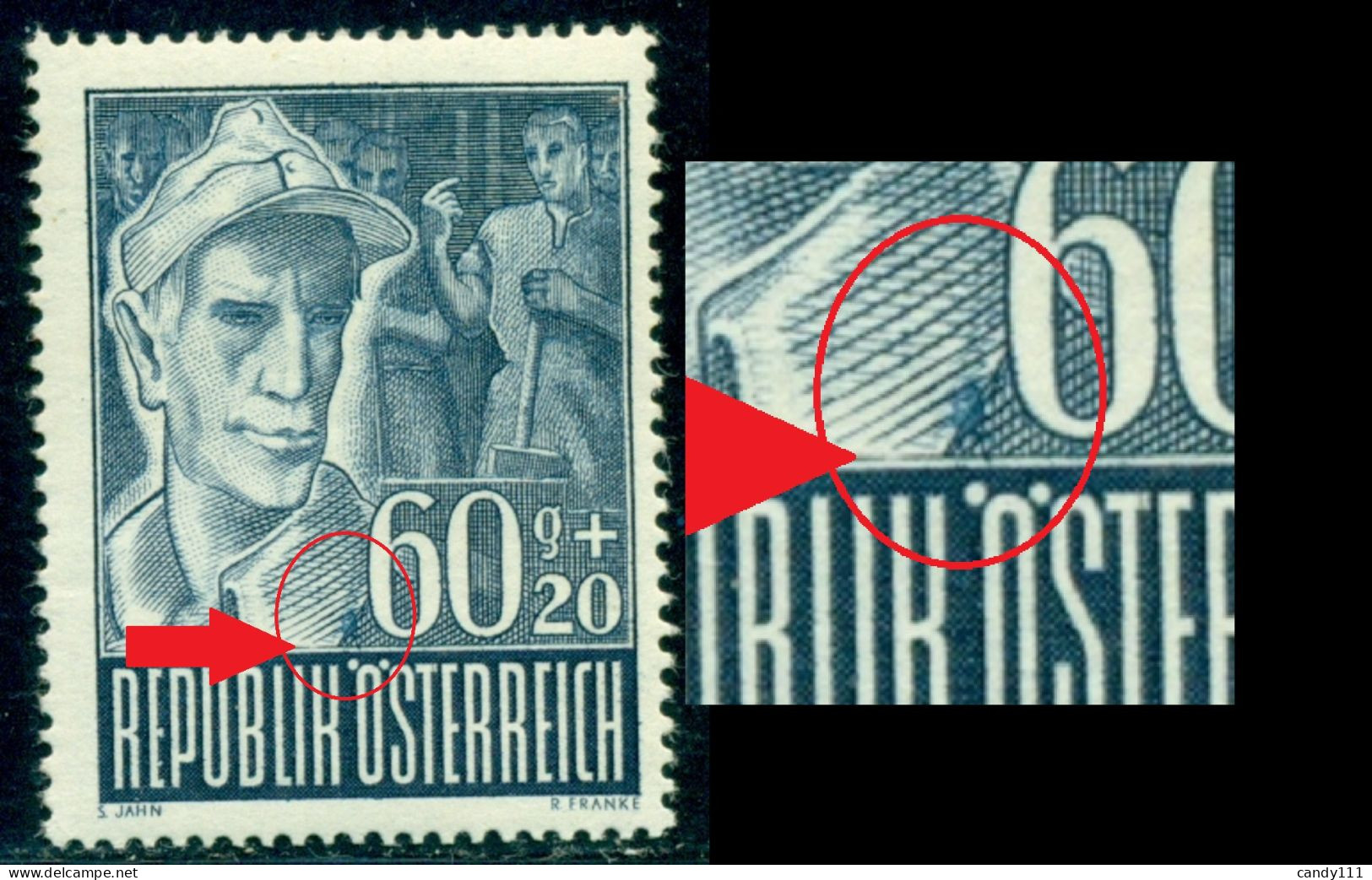 1947 War Prisoners,soldier Working,Austria,833,60g,MNH Error:Blue Spot/left Of"60" - Errors & Oddities