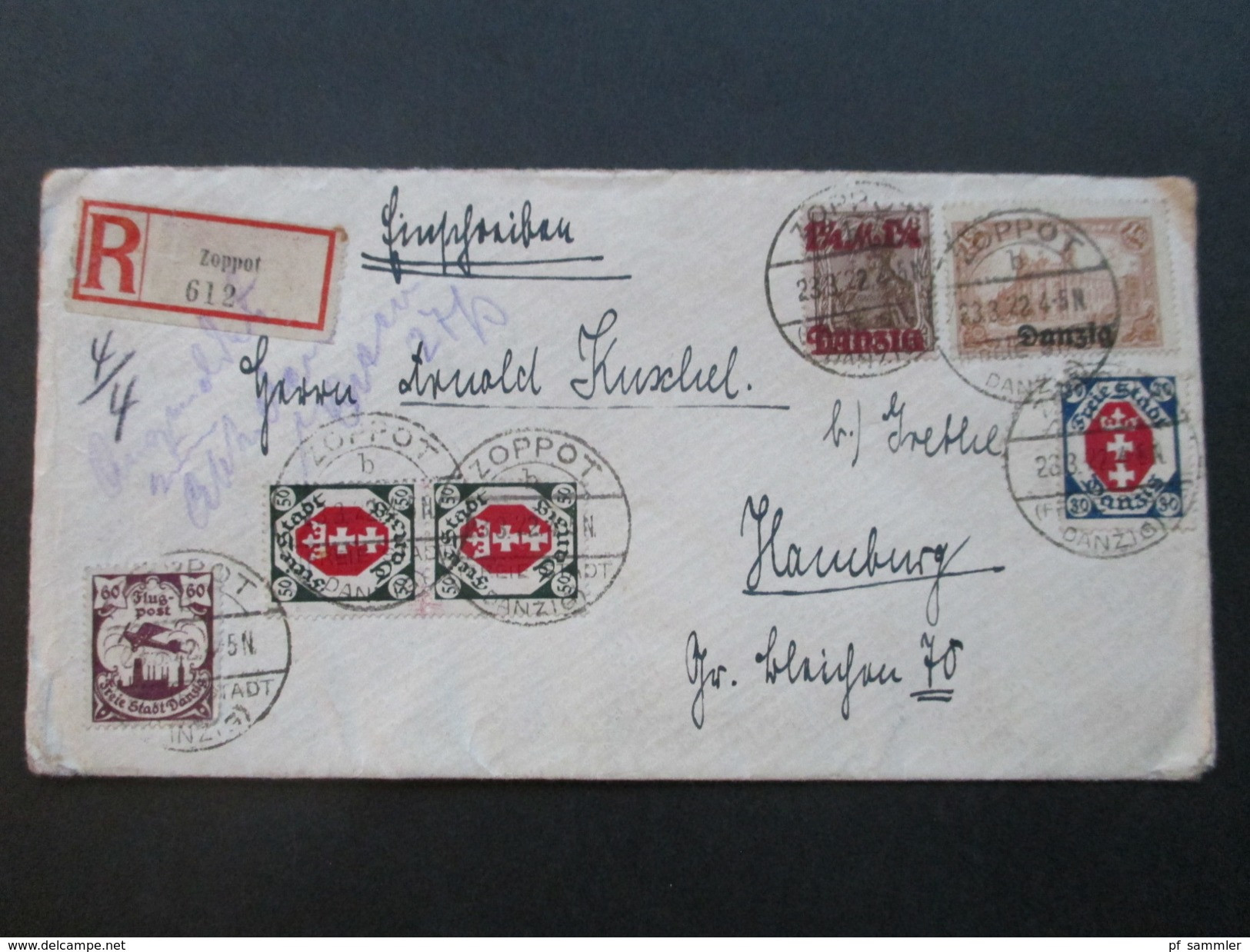 Danzig 1922 Einschreiben R-brief Zoppot 612 - Hamburg. Interessante MiF! Mit Handschriftlichem Vermerk! 11 Marken!! - Briefe U. Dokumente