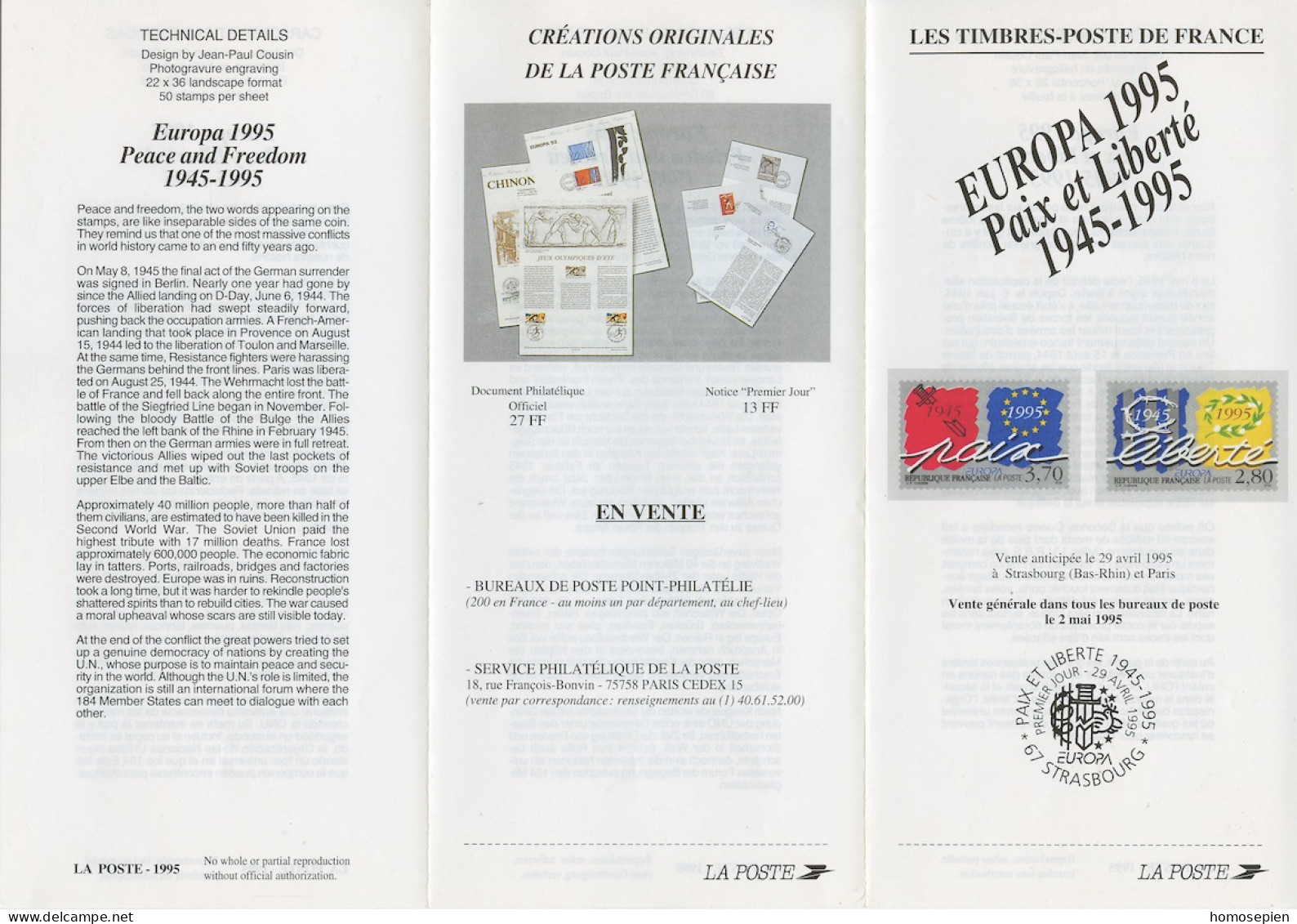 Europa CEPT 1995 France - Frankreich Y&T N°DP2941 à 2942 - Michel N°PD084 à 3085 *** - Format 100*210 - Présentation - 1995