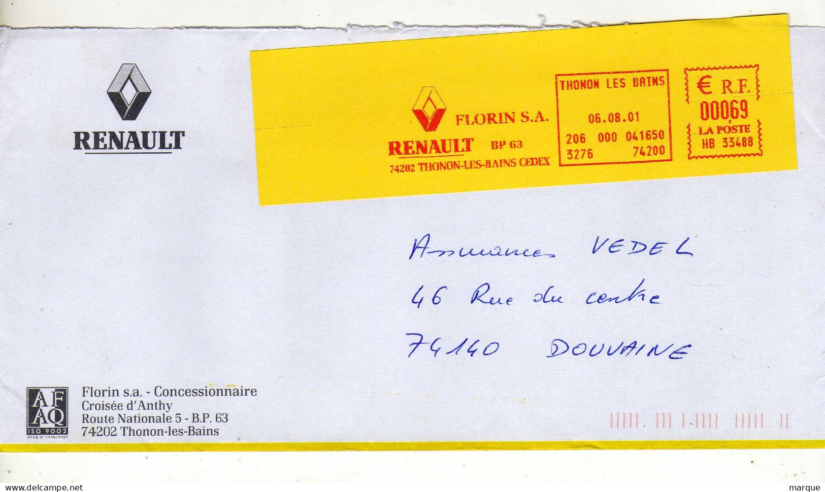 Enveloppe FRANCE Avec Vignette D'Affranchissement Oblitération THONON LES BAINS 06/08/2001 - Altri & Non Classificati