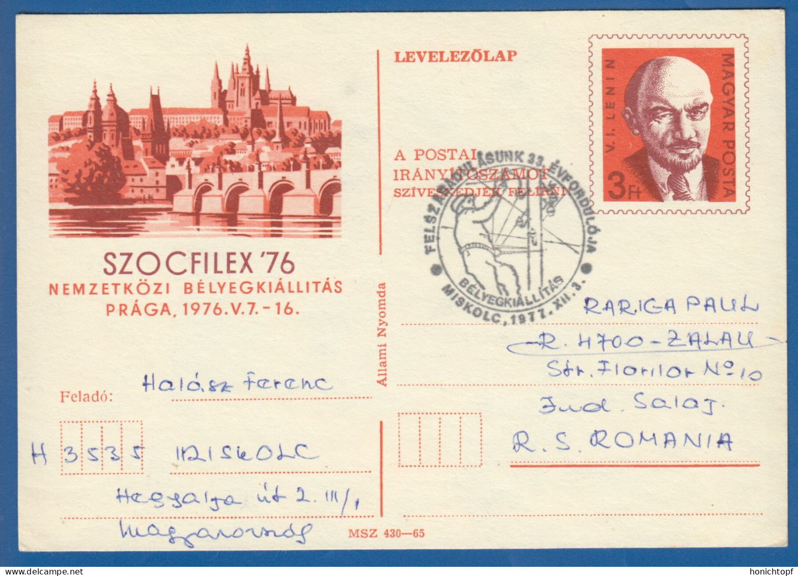 Ungarn; PC Levelezö Lap 3 Ft; Lenin; Szocfilex 76 Prag; Miskolc 1977 - Lenin