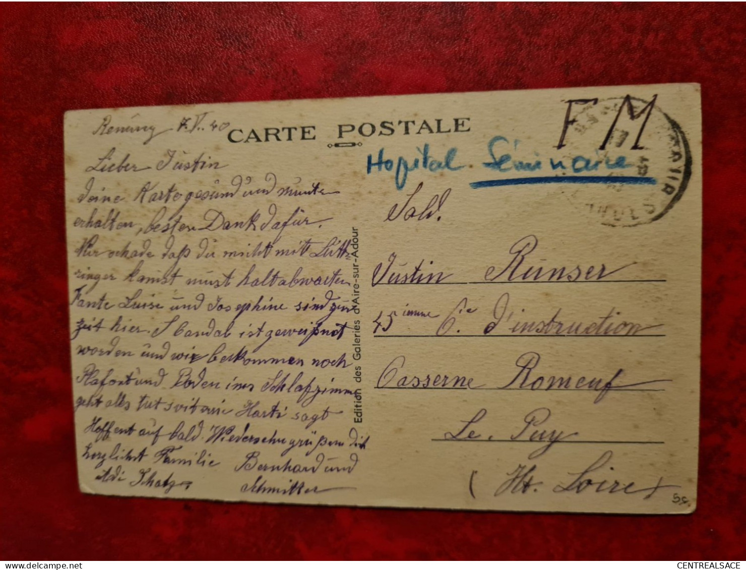 CARTE AIRE SUR ADOUR EXPEDIEE DE RENUNG  FRANCHISE MILITAIRE HOPITAL SEMINAIRE 1940 - Andere & Zonder Classificatie