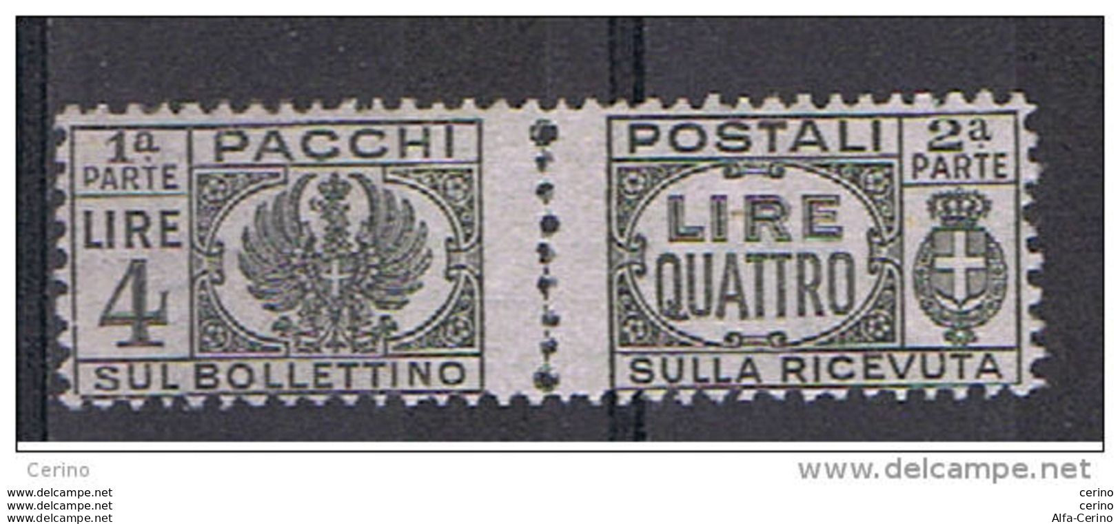 LUOGOTENENZA: 1946  P.P. SENZA  FASCIO  -  £. 4  GRIGIO  NERO  N. -  SASS. 63 - Paketmarken