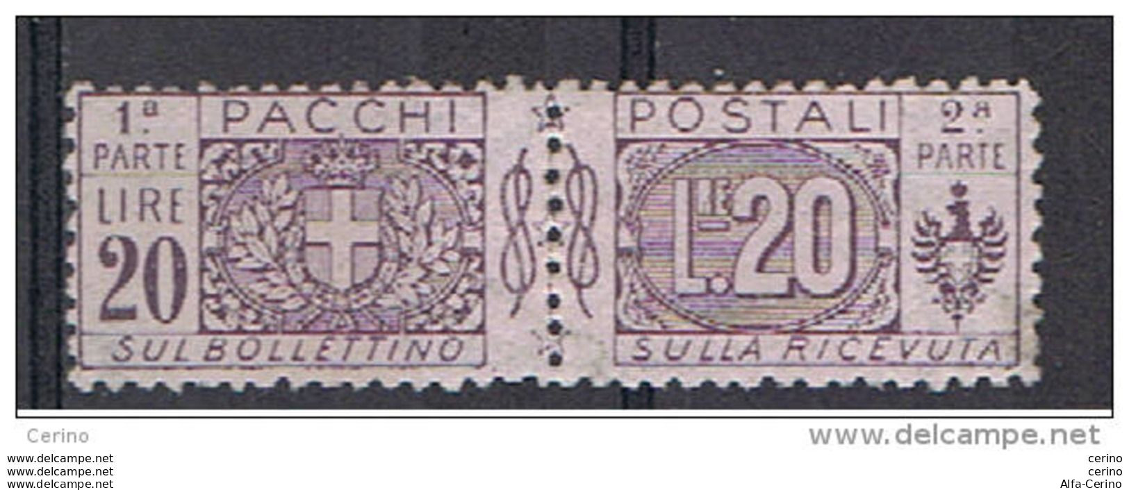 REGNO: 1914/22  P.P. CON  NASTRO  -  £. 20  VIOLA  BRUNO  S.G. -  SASS. 19 - Paketmarken