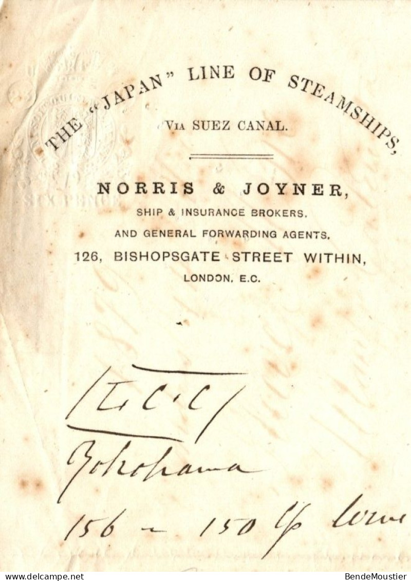 The "Japan " Line Of Steamships - Norris & Joyner - Via " Canal De Suez" - Ship " Celtic Monarch " London 13  May 1879. - United Kingdom