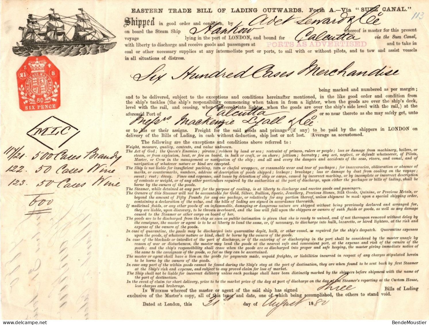 Lettre De Transport Maritime " Suez Canal " - The Steam Ship Hankow- London To Calcutta - Inde - 31 Augustus 1880. - Regno Unito