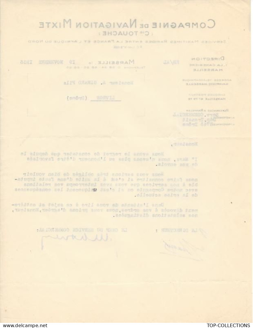 NAVIGATION SERVICES MARITIMES 1935  ENTETE Cie De Navigation Mixte (Cie Touache) Marseille AFRIQUE DU NORD - 1800 – 1899