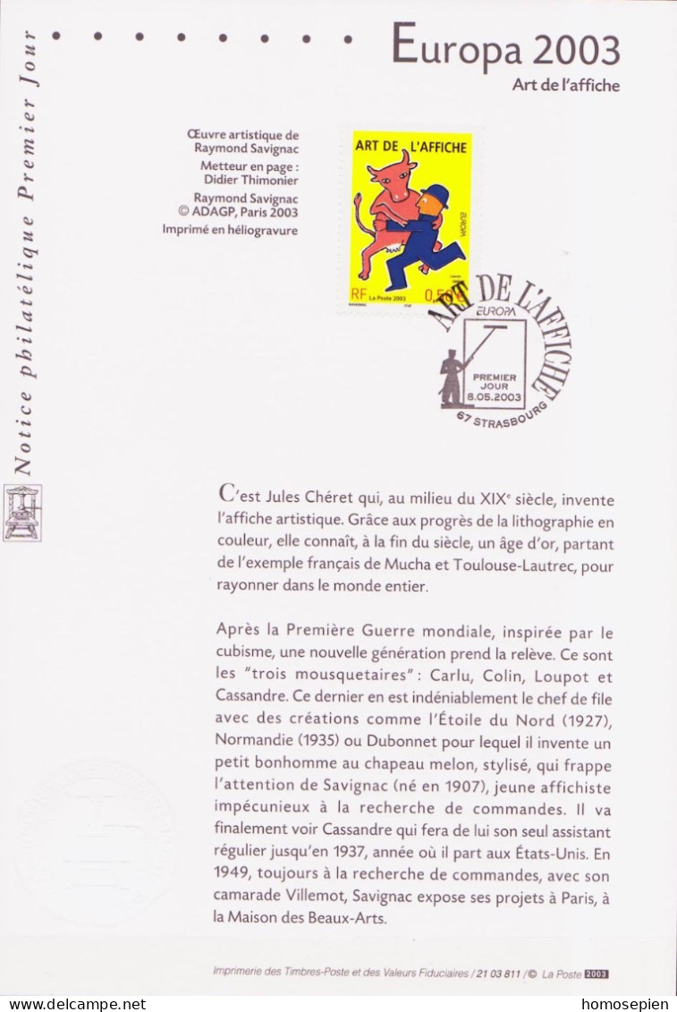 Europa CEPT 2003 France - Frankreich Y&T N°DP3556 - Michel N°PD3694 (o) - 0,50€ EUROPA - Format 145*210 - Notice - 2003