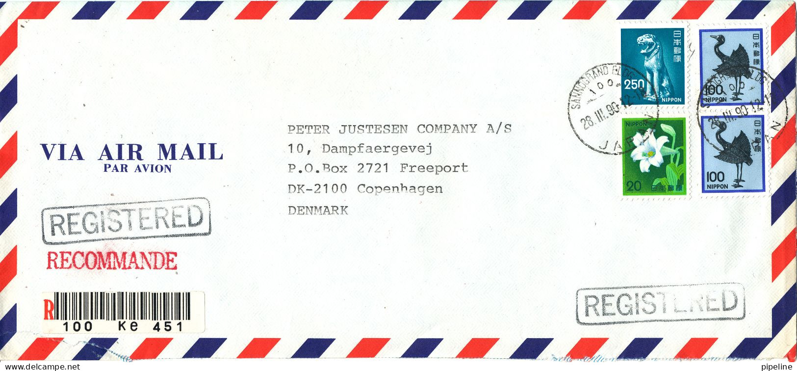 Japan Registered Air Mail Cover Sent To Denmark 28-3-1990 Topic Stamps - Airmail