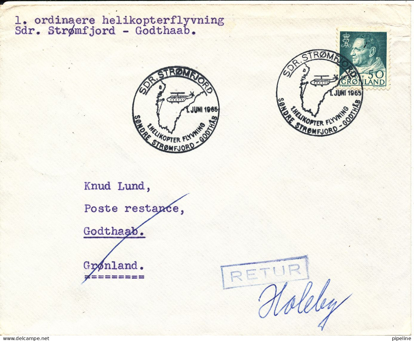 Greenland Cover First Helicopter Flight Sdr. Stromfjord - Godthaab 1-6-1965 - Covers & Documents