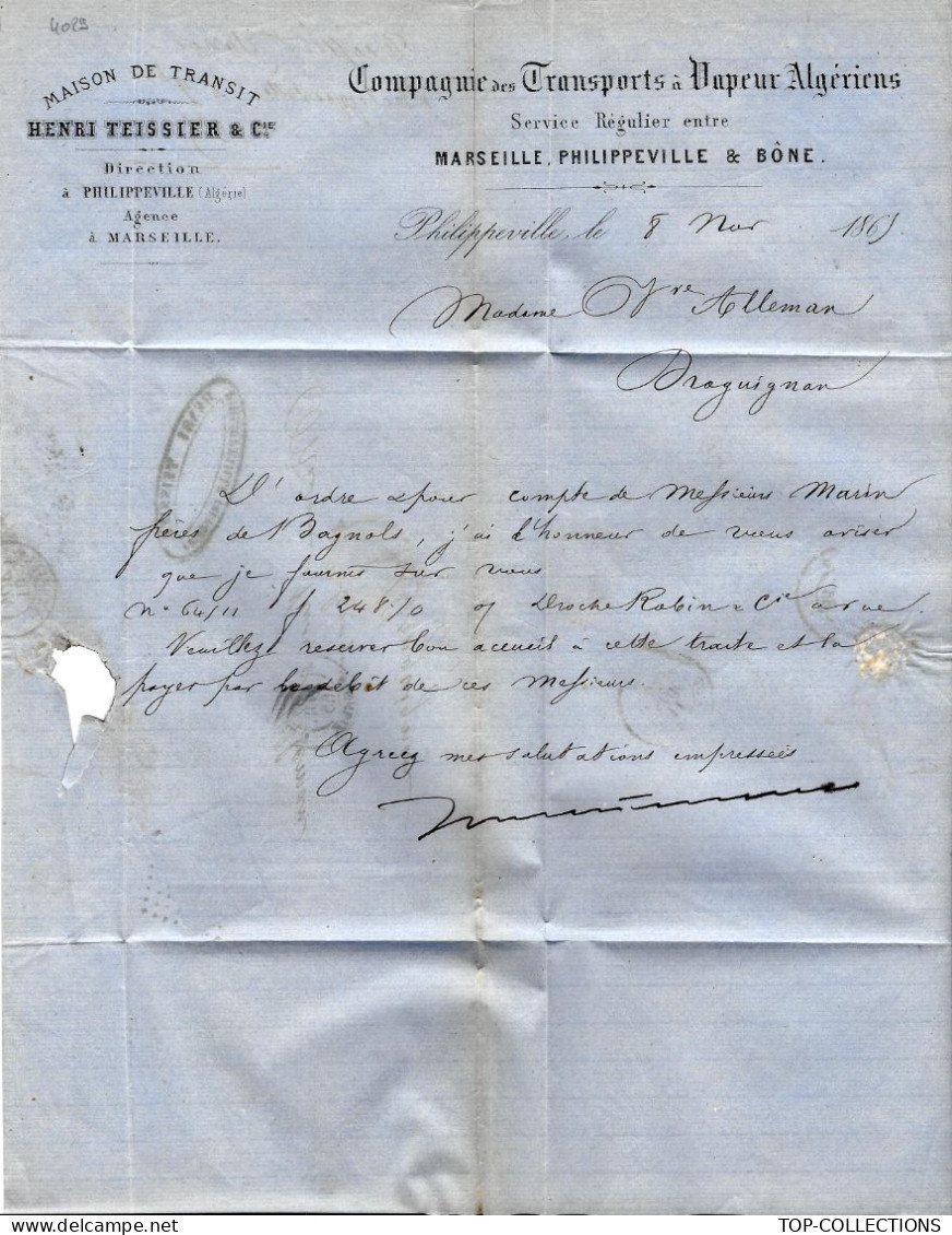 1863 NAVIGATION  ALGERIE ENTREPRISES COLONIALES CIE DES TRANSPORTS à Vapeur Algériens Marseille Philippeville & Bone - 1800 – 1899