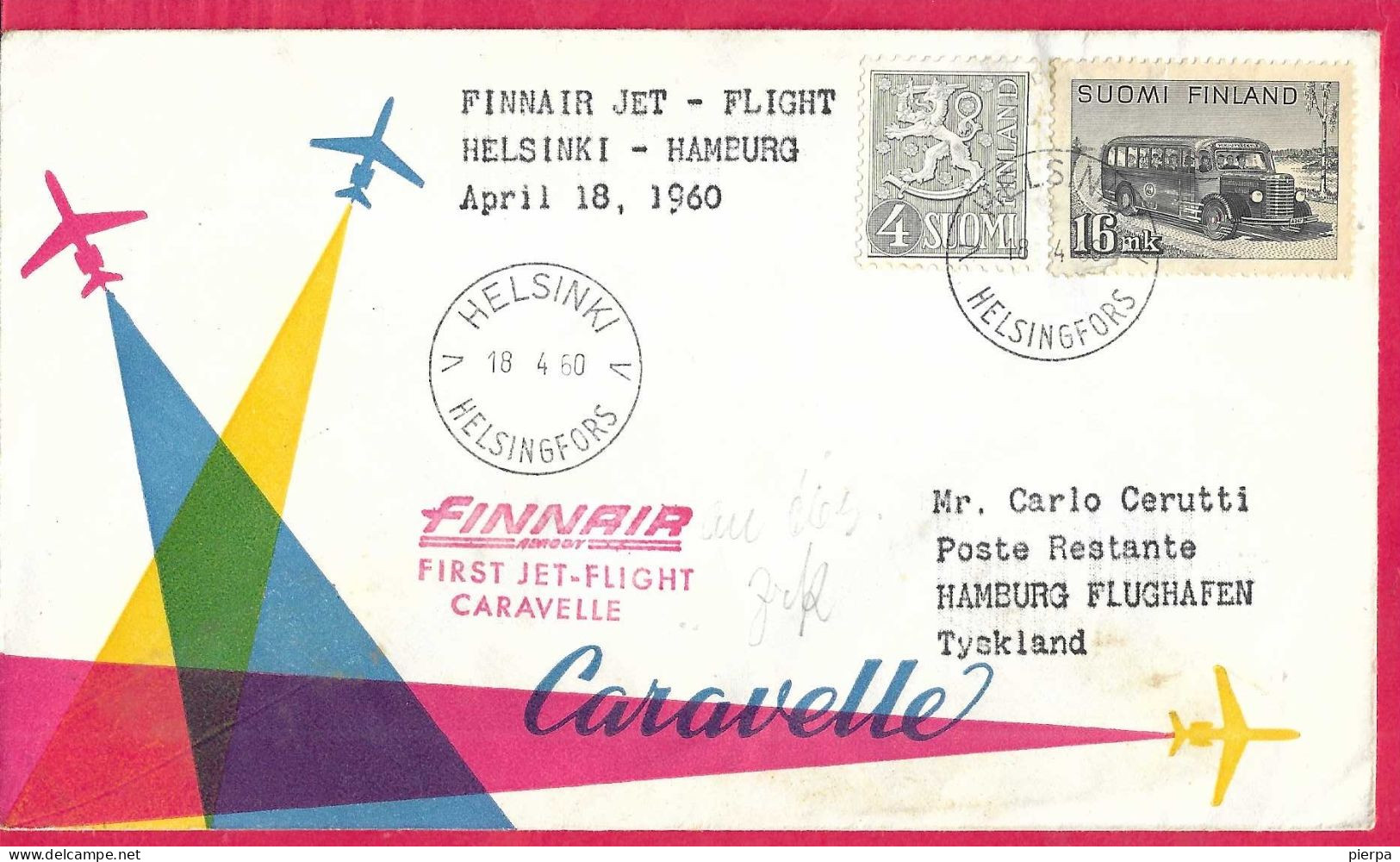 FINLAND - FIRST CARAVELLE FLIGHT FINNAIR FROM HELSINKI TO HAMBURG *18.4.60* ON OFFICIAL COVER - Covers & Documents