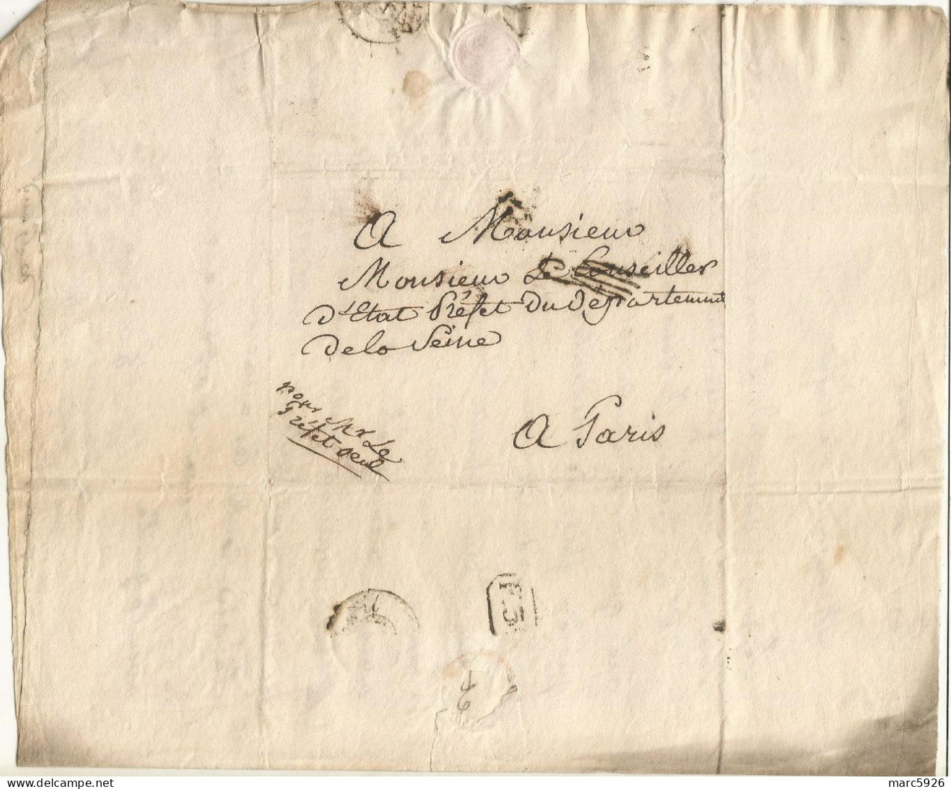 ANCIENNE LETTRE A MONSIEUR LE CONSEILLER D'ETAT PREFET DU DEPARTEMENT DE LA SEINE DATE 1820 AVEC CACHET DE CIRE N°57 - Historische Personen