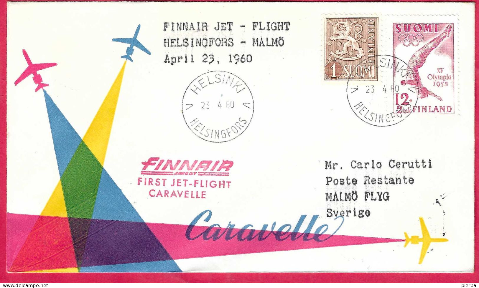 FINLAND - FIRST CARAVELLE FLIGHT FINNAIR FROM HELSINKI TO MALMO *23.4.60* ON OFFICIAL COVER - Lettres & Documents