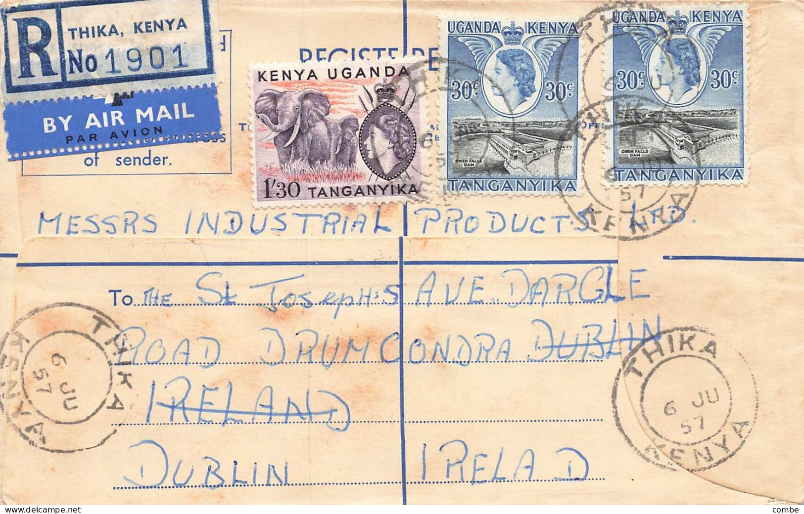 COVER. REGISTERED. 6 JU 57. THIKA TO DUBLIN. IRENAND. VIA NAIROBI - Altri & Non Classificati