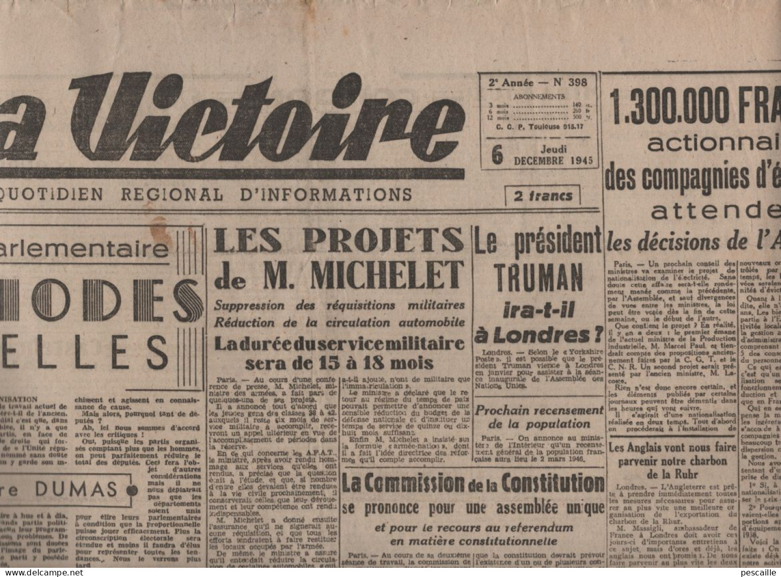 LA VICTOIRE 06 12 1945 - SERVICE MILITAIRE - PARLEMENT - AUTOMOBILE ATOMIQUE - DEAT - PROCES DE NUREMBERG SEISS INQUART - Informaciones Generales