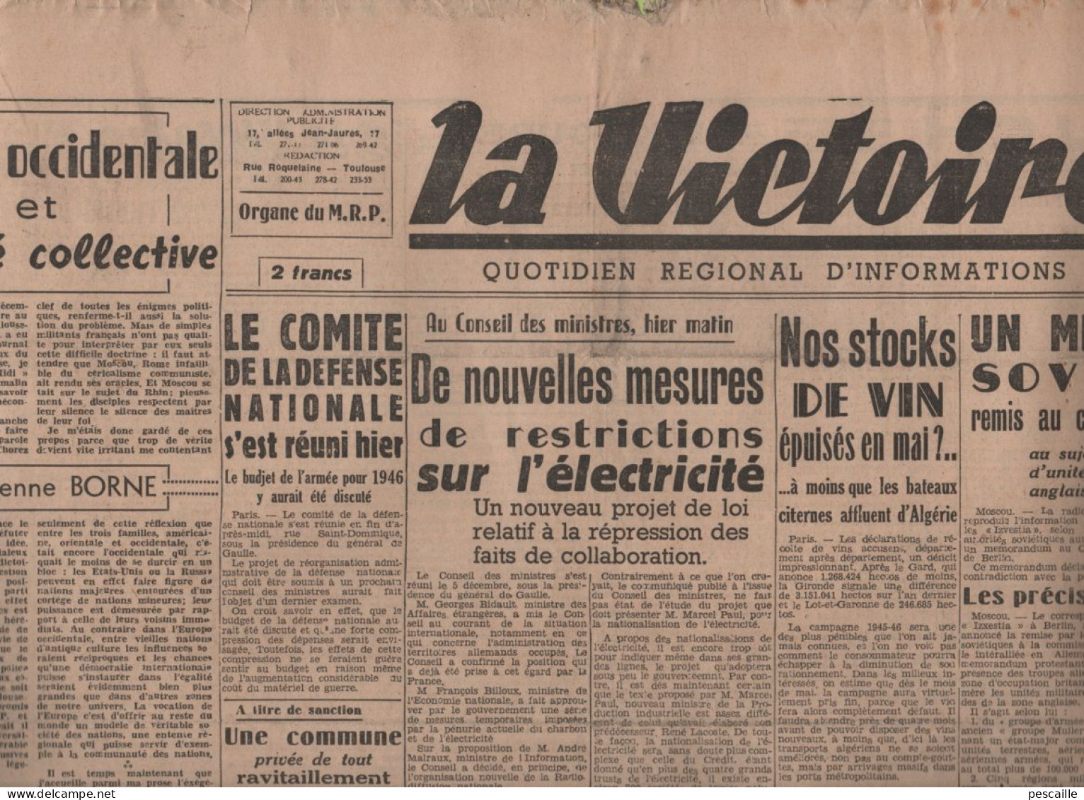 LA VICTOIRE 05 12 1945 - ELECTRICITE - VIN - PROCES DE NUREMBERG REQUISITOIRE ANGLAIS - IRAN MOSCOU - RETRAITES - AUCH - - Testi Generali