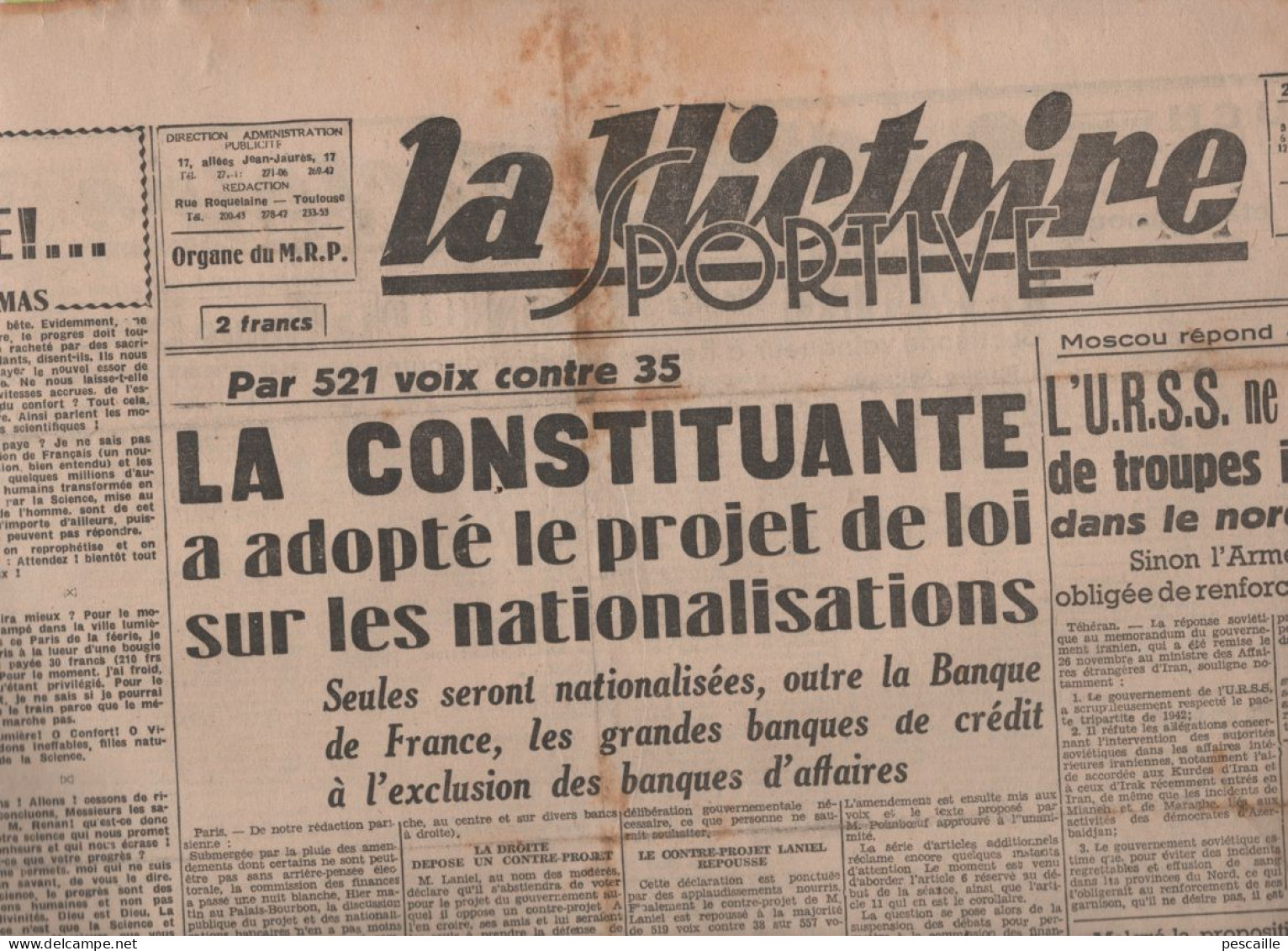 LA VICTOIRE 03 12 1945 - NATIONALISATIONS - LA SCIENCE - PROCES DE NUREMBERG RUDOLF HESS - IRAN - JAPON - AUCH - - Testi Generali