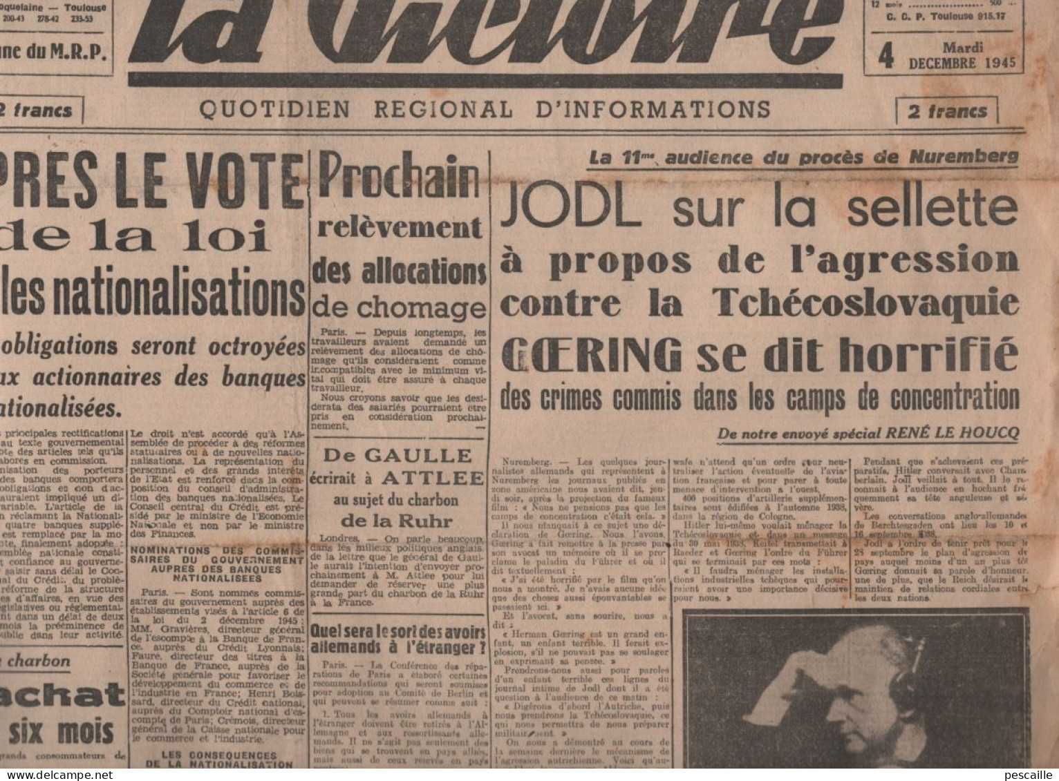 LA VICTOIRE 04 12 1945 -  - PROCES DE NUREMBERG JODL GOERING - NATIONALISATIONS - IRAN - ROI LEOPOLD EN SUISSE - ARMENIE - Informaciones Generales