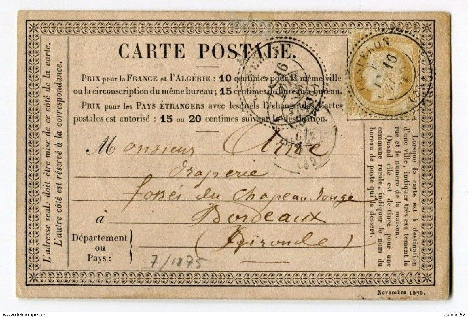 !!! CARTE PRECURSEUR CERES AVEC CACHET PERLE DE LESPERON  ( LANDES ) DE 1876 - INDICE 19. DES RESTAURATIONS - Cartoline Precursori