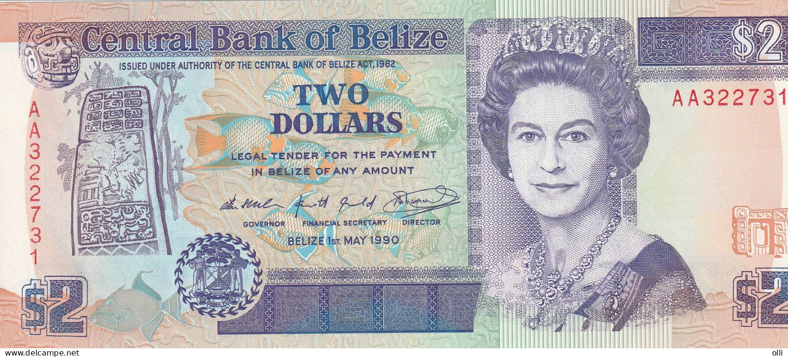 Belize 2 Dollars 1990, P-52a UNC,Prefix AA - Belize