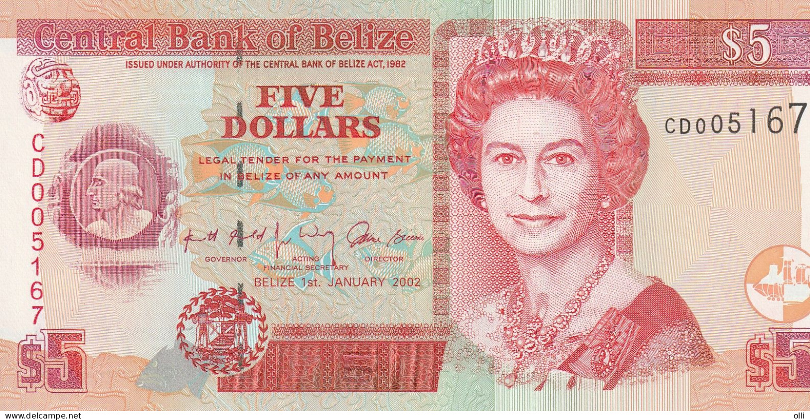 BELIZE, P 61b , 5 Dollars , 2002 , UNC - Belize