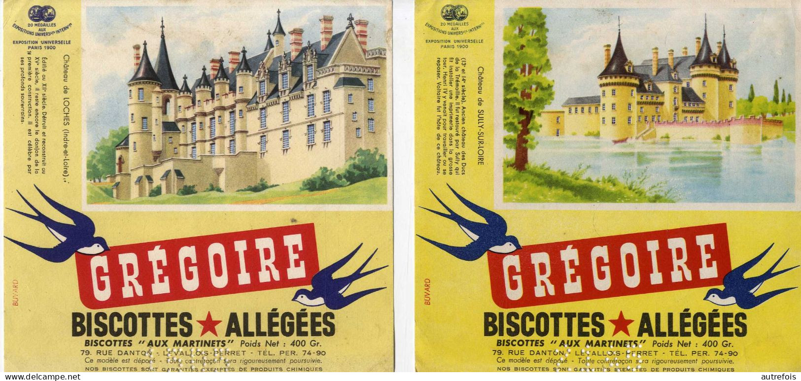 LEVALLOIS PERRET  BUVARD   BISCOTTES GREGOIRE    - 2  BUVARDS PUBLICITAIRE  CHATEAU DE SULLY SUR LOIRE & LOCHES - Biscottes