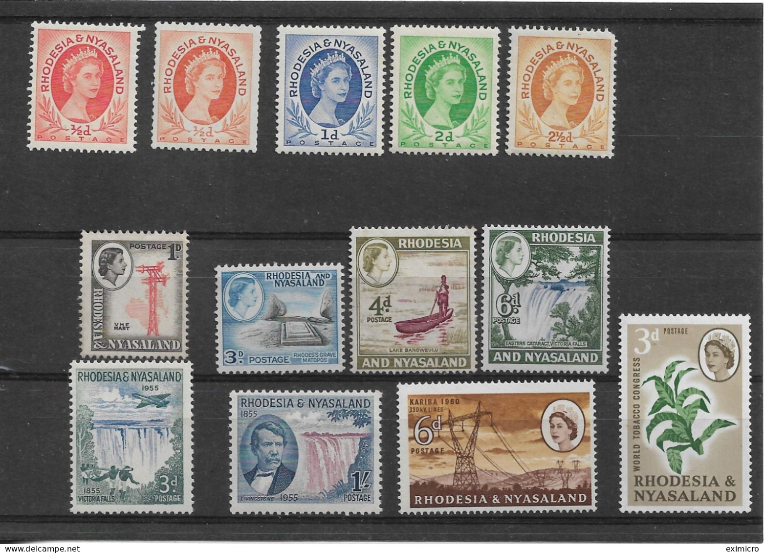 RHODESIA AND NYASALAND 1954 - 1963 SELECTION INCLUDING ½d COIL AND 2½d OCHRE + 1955 VICTORIA FALLS SET  MAINLY UM Cat£22 - Rhodésie & Nyasaland (1954-1963)