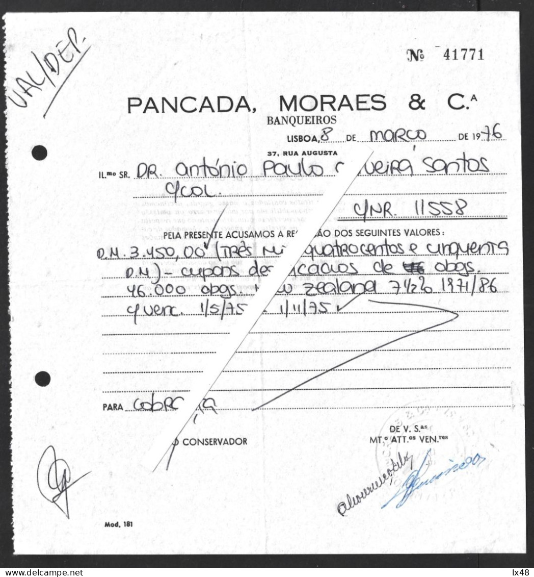 Invoice From Pancada, Morais And Cª Banqueiros For The Collection Of Dividends On Bonds From The German Company New Zeal - Portogallo