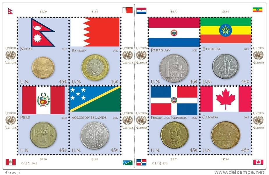 ONU New-York 2012 - Feuillet Monnaies Et Drapeaux Coins And Flags ** - Blocchi & Foglietti