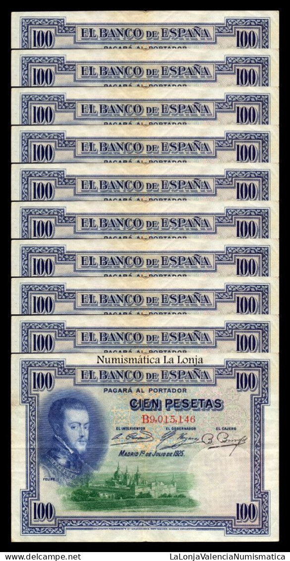 España Spain Lote 10 Billetes 100 Pesetas Felipe II 1925 Pick 69 Bc/Mbc F/Vf - 100 Peseten