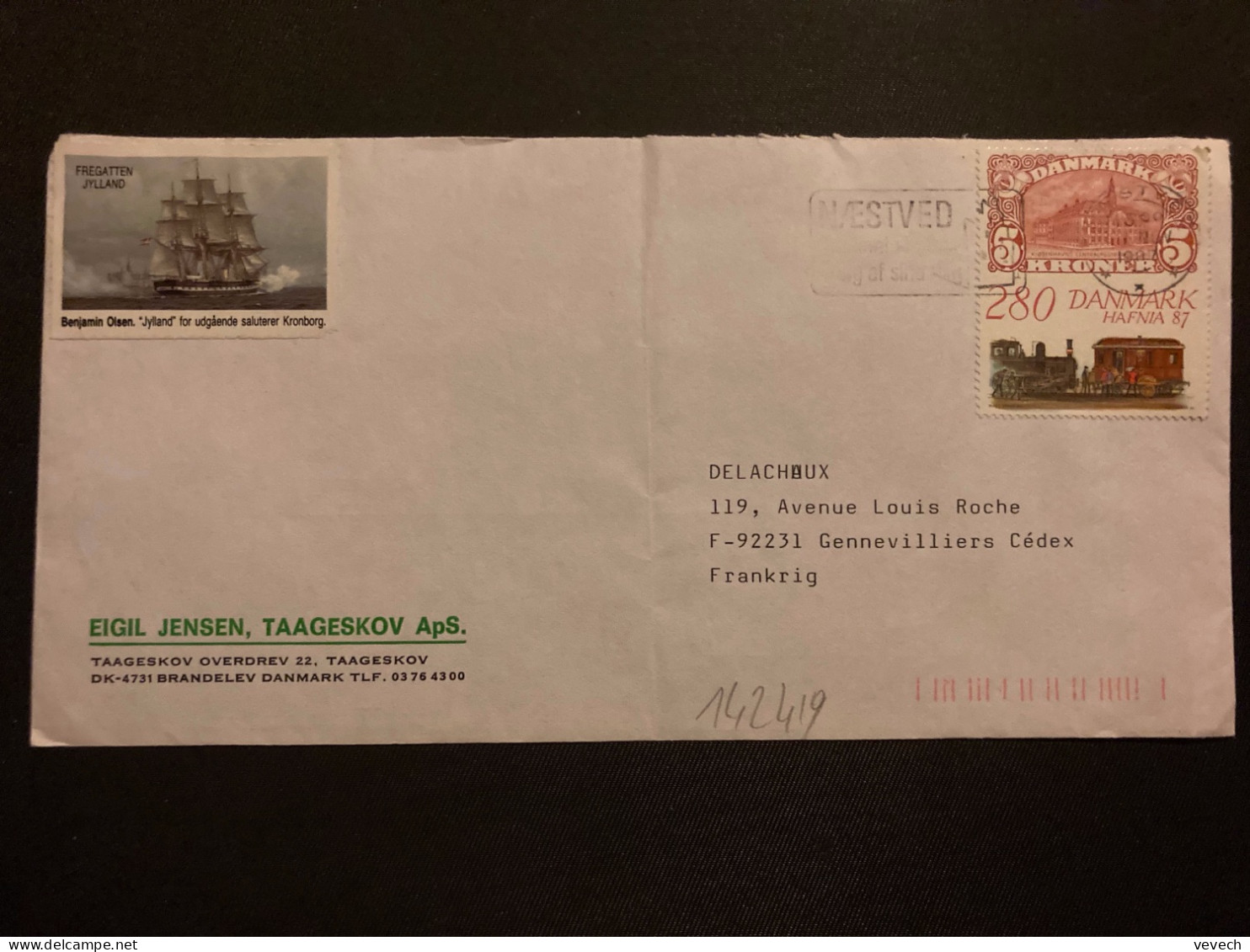 LETTRE EIGIL JENSEN TP HAFNIA 87 280 OBL.MEC.1 NOV 1987 NAESTVED + VIGNETTE FREGATTEN JYLLAND - Storia Postale