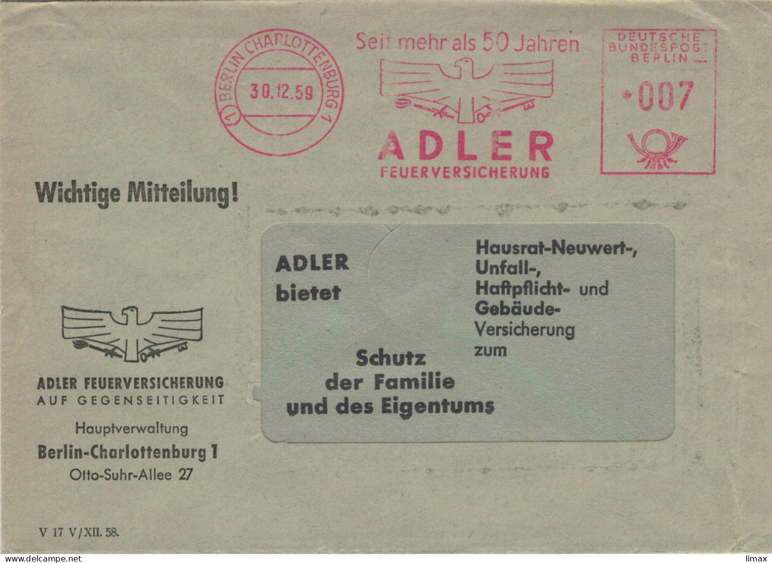 EMA Berlin Charlottenburg 1959 Adler Feuerversicherung - Maschinenstempel (EMA)