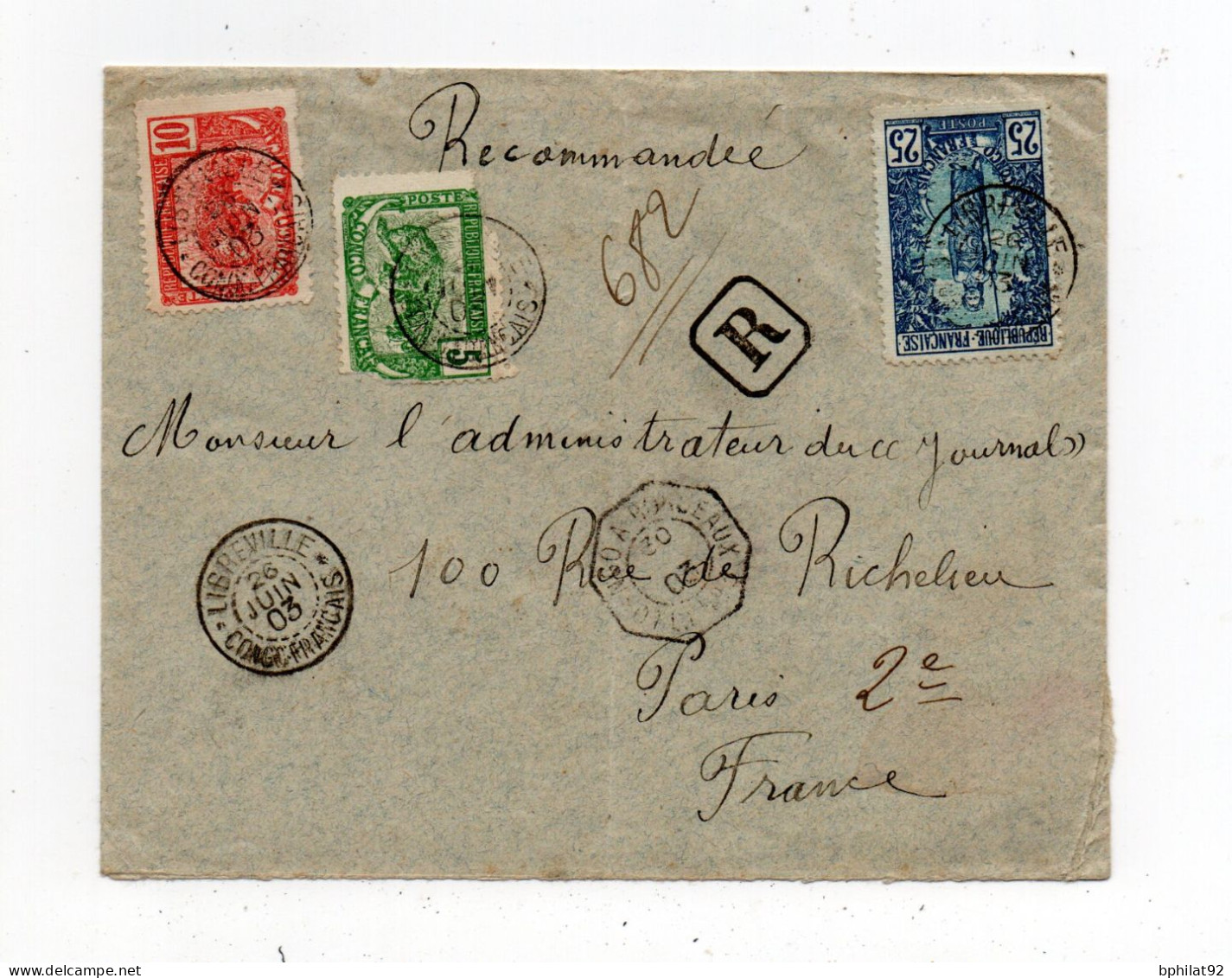 !!! CONGO, LETTRE RECO DE LIBREVILLE DE 1903 POUR PARIS, BEL AFFRANCH TRICOLORE - Covers & Documents