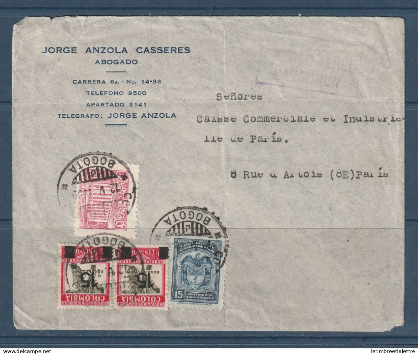 Colombie Lettre De Bogota Pour Paris Par Avion - 1939 - Colombia