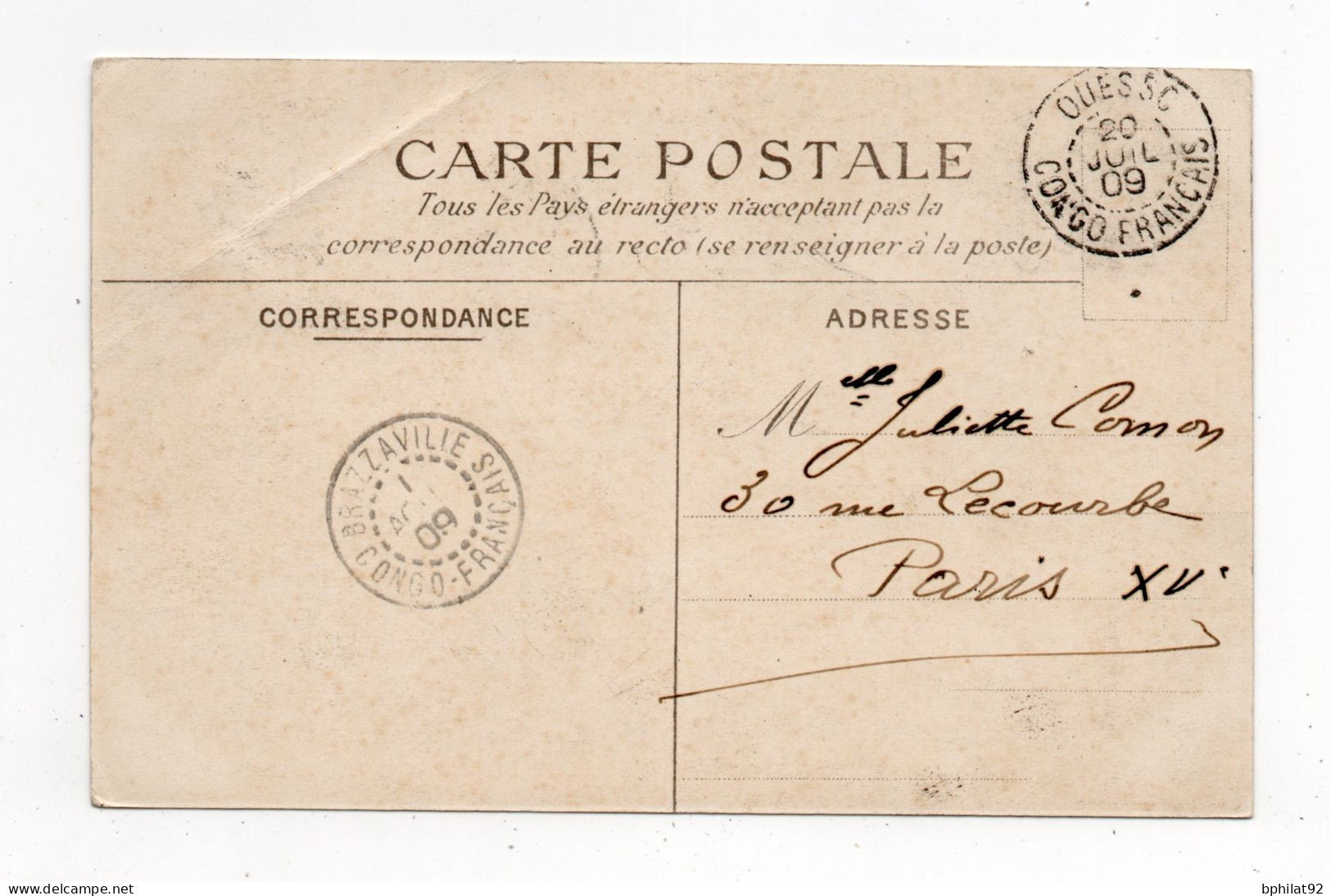 !!! CACHET OUESSO - CONGO DE 1909 SUR CPA POUR PARIS - Cartas & Documentos