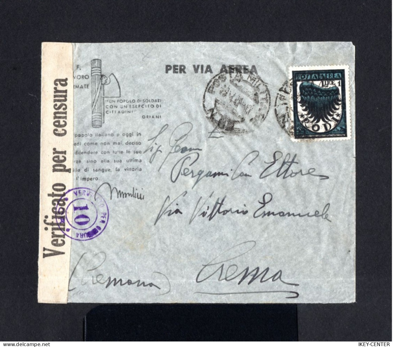 K177-ITALIAN RODI-EGEO-AIRMAIL MILITARY CENSOR COVER PM 62F To CREMA (italy) 1942.WWII.ITALIAN Colonies.RHODES - Aegean (Rodi)