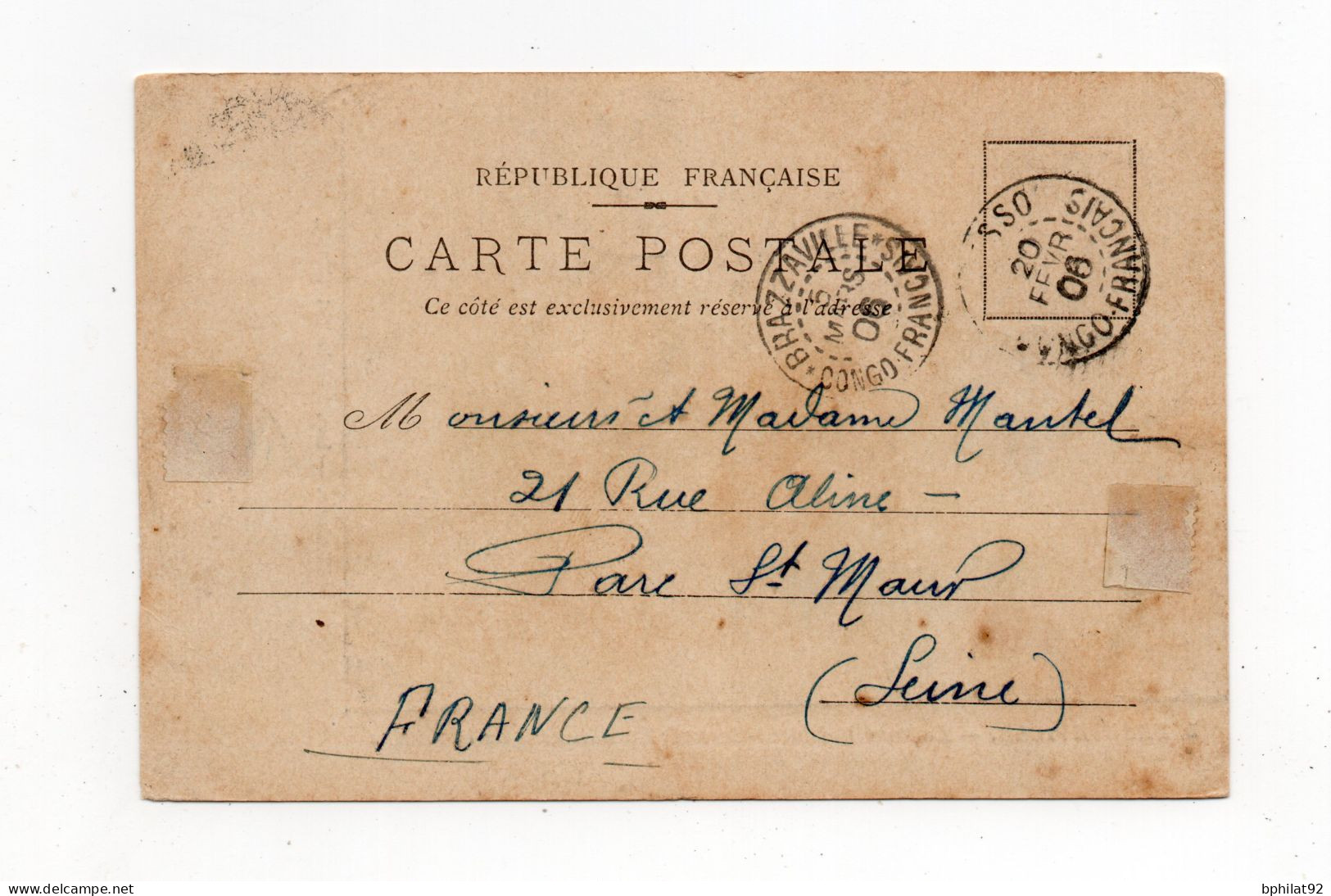 !!! CONGO, CPA DE BRAZZAVILLE DE 1906 POUR LE PARC ST MAUR - Briefe U. Dokumente