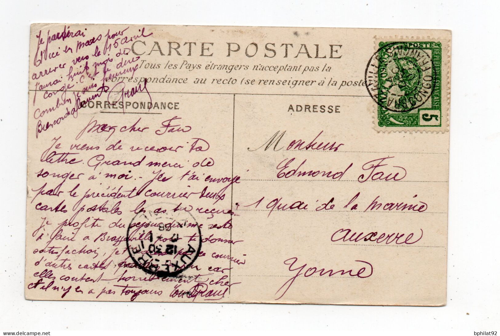 !!! CONGO, CPA DE BRAZZAVILLE DE 1908 POUR AUXERRE - Briefe U. Dokumente