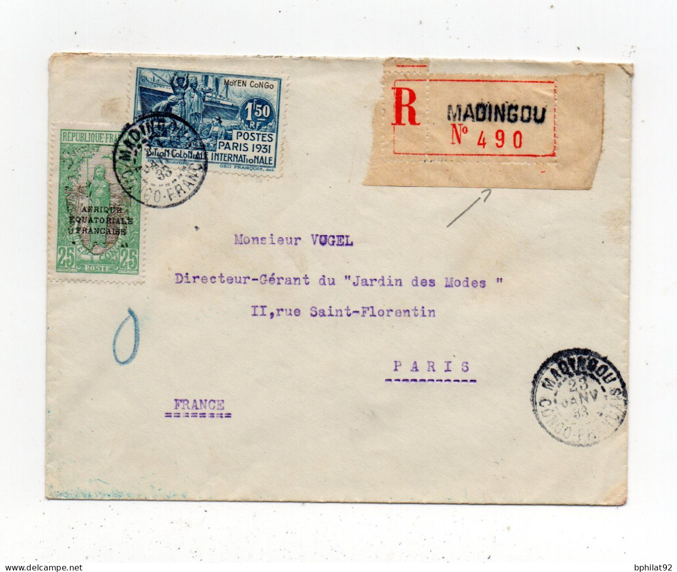 !!! CONGO, LETTRE RECOMMANDEE DE MADINGOU DE 1933 POUR PARIS - Briefe U. Dokumente