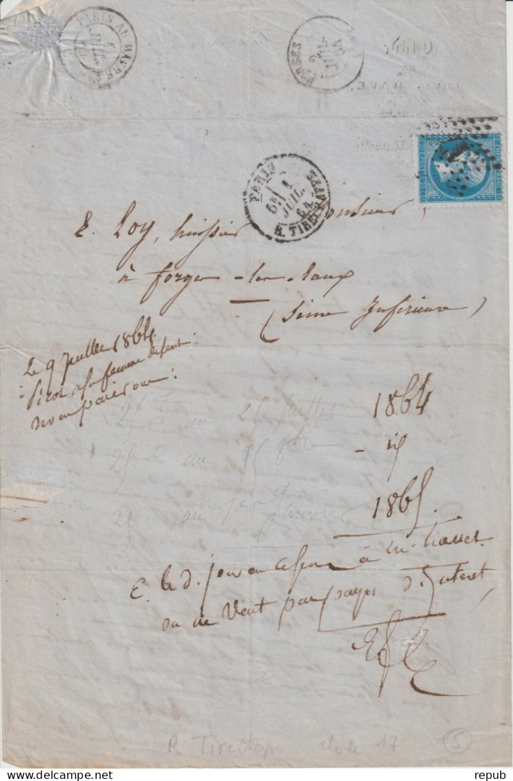 France Lettre 1864 Paris Rue Tirechappe étoile 17 - 1849-1876: Classic Period