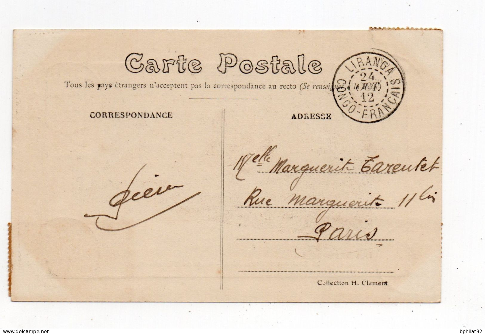 !!! CACHET LIRANGA - CONGO DE 1912 SUR CPA POUR PARIS - Briefe U. Dokumente