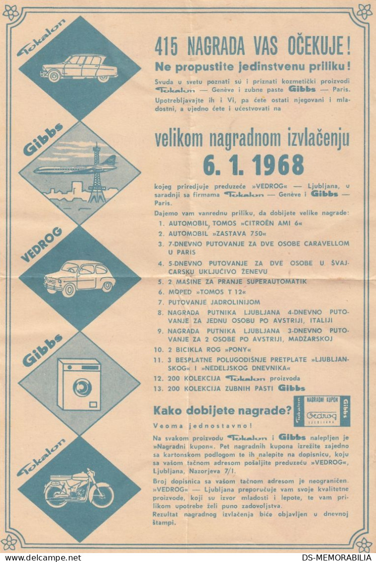 1968 Slovenia Ljubljana Lottery Tokalon Gibbs Vedrog - Slovénie