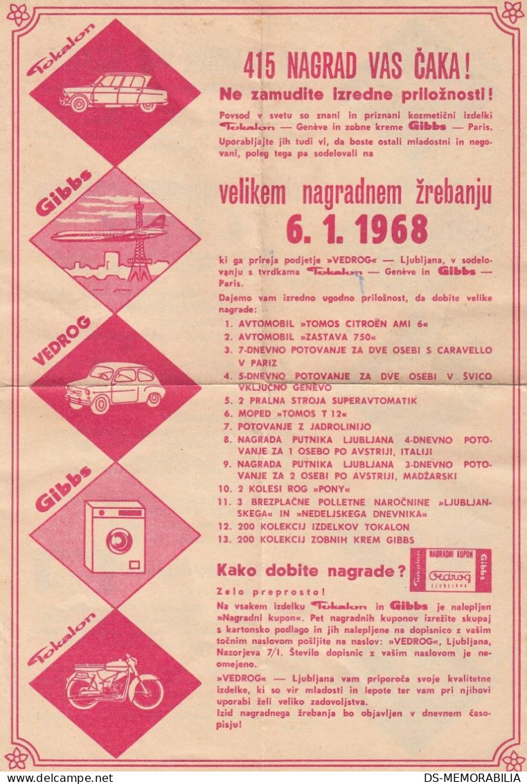 1968 Slovenia Ljubljana Lottery Tokalon Gibbs Vedrog - Eslovenia