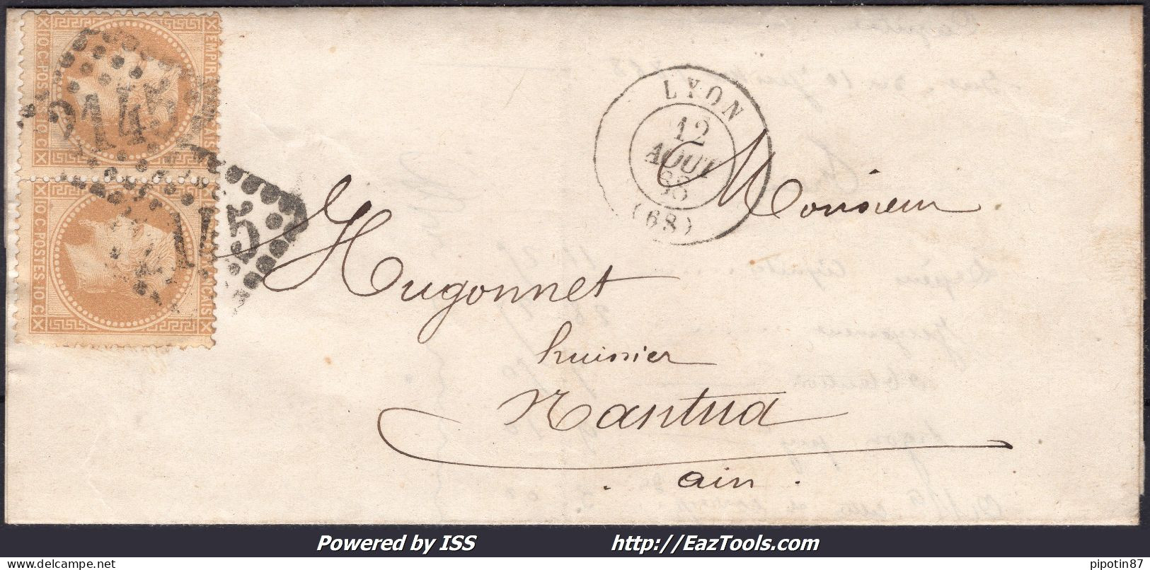 FRANCE PAIRE N°28A SUR LETTRE AVEC GC 2145 LYON RHONE + CAD DU 12/08/1868 - 1863-1870 Napoleon III With Laurels