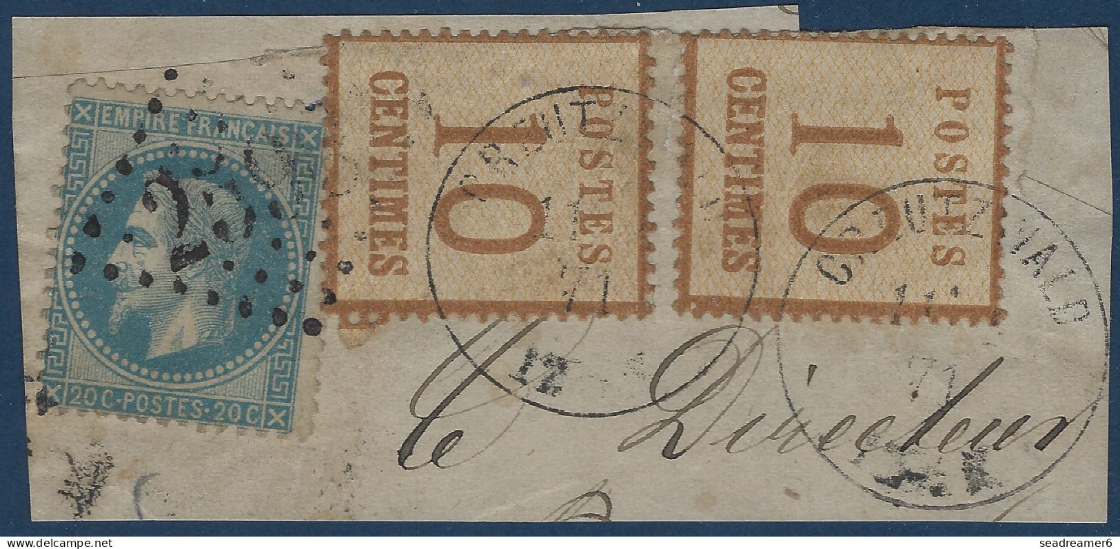 Fragment Mixte FRANCE/Alsace Lorraine N°5 X2 10c Bistre Oblitération Allemande De CREUTZWALD + France N°29I GC 2598 TTB - Unused Stamps